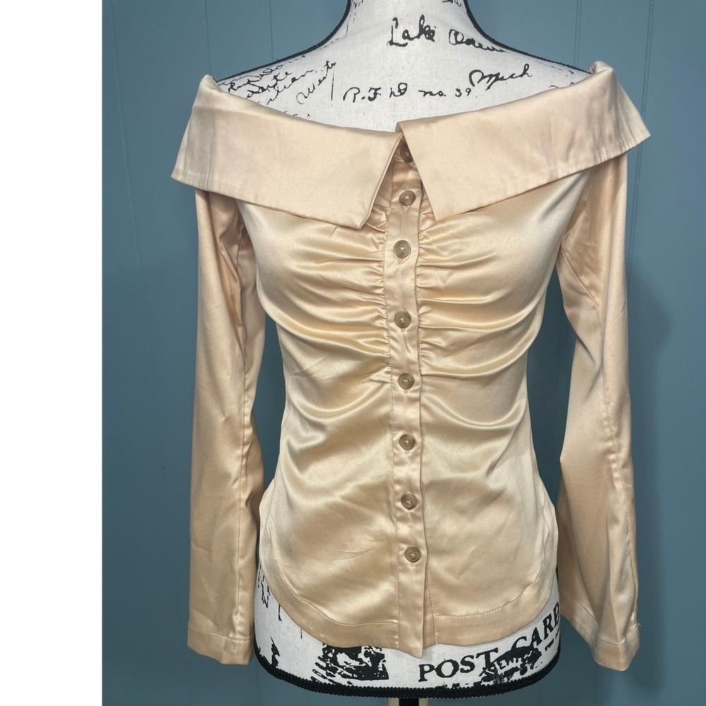 By Anthropologie Collared Silky Off the Shoulder‎ Ruched Button Down, Small NWT
